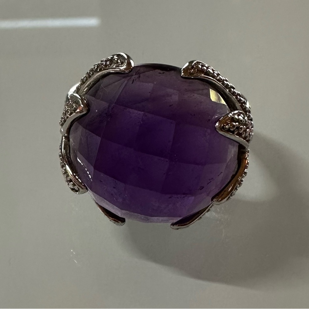 925 Sterling Silver Royal Purple Amethyst Cocktail Ring Size 9 Checkerboard Cut - Picture 9 of 9